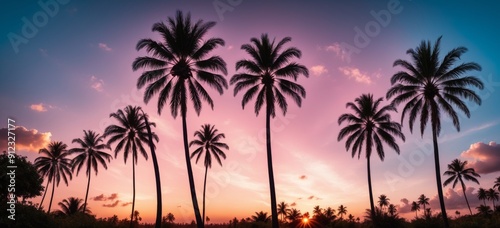 Vibrant sunset palm tree silhouette landscape with pink, orange,