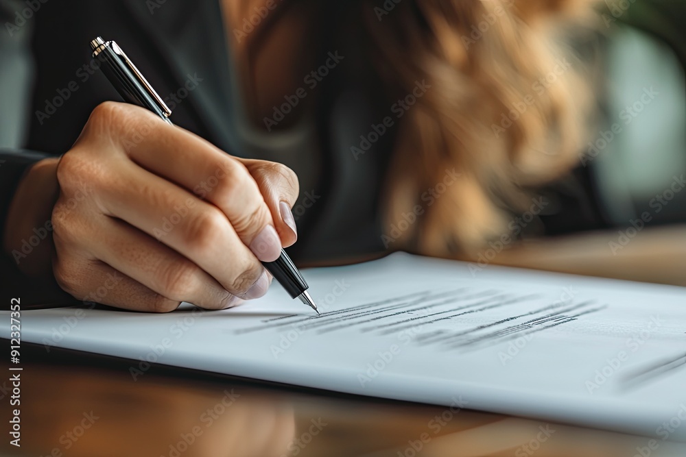 Close up of businesswoman hand signing contract or agreement with pen Close up of businesswoman hand signing contract or agreement with pen