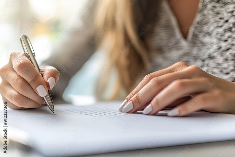 Close up of businesswoman hand signing contract or agreement with pen
