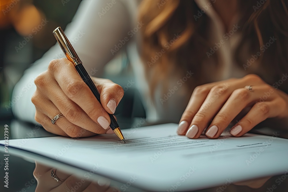 Close up of businesswoman hand signing contract or agreement with pen Close up of businesswoman hand signing contract or agreement with pen
