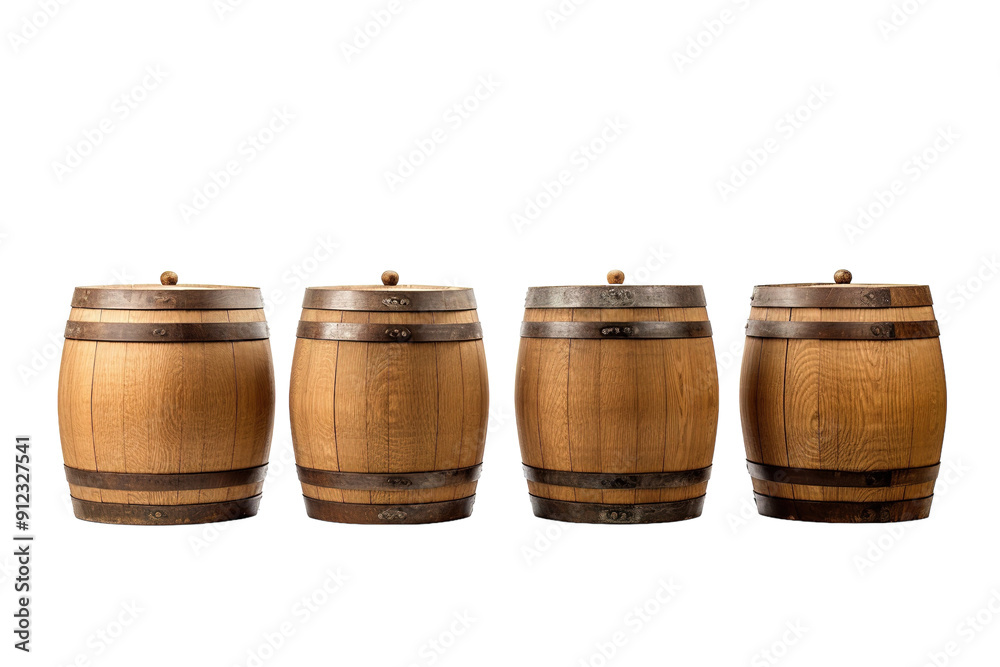 Four Wooden Barrels in a Row on a White Background on a White or Clear Surface PNG Transparent Background Four Wooden Barrels in a Row on a White Background on a White or Clear Surface PNG Transparent Background