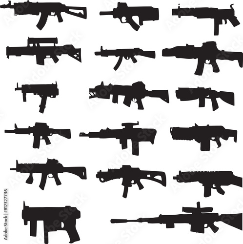 US Army Weapons, Guns Different Shapes Silhouette Set, Handmade Calligraphy Vector Illustration.