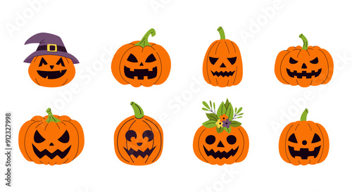 A set of eight Halloween pumpkins with faces and a witch hat
