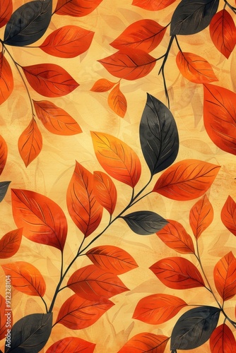 Vibrant Painting of Leaves on Yellow Background