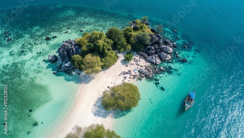 Aerial View of a Small Island with a Boat in Turquoise Water