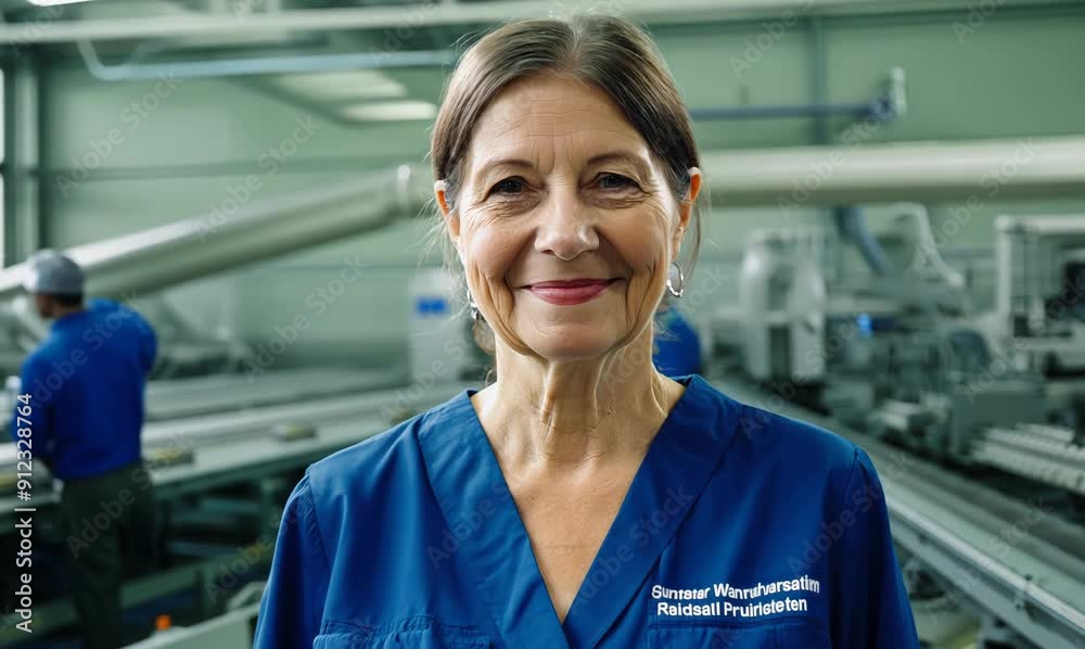 Portrait of smiling mature female worker in production line at modern factory Portrait of smiling mature female worker in production line at modern factory
