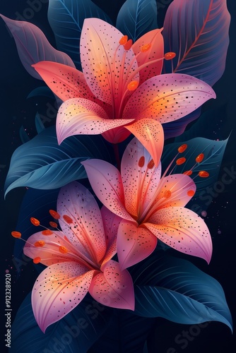 Pink Flowers With Green Leaves Painting