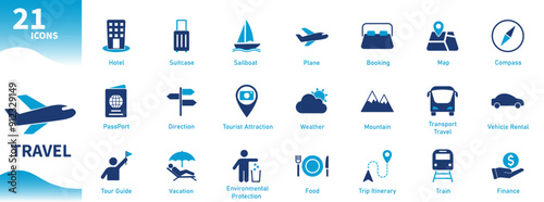Travel Icon. Set of solid icons on tourism, vacations, tourist attractions, planes, trains, hotels, passports, trip.