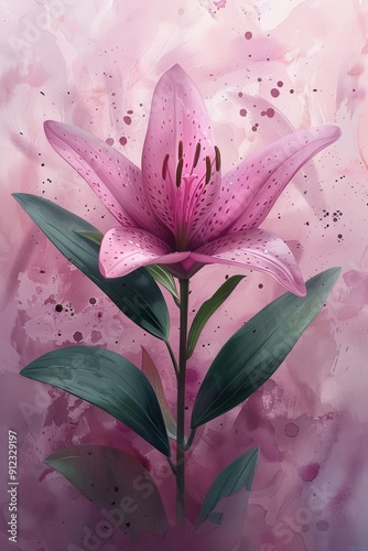 Pink Flower With Green Leaves on Pink Background