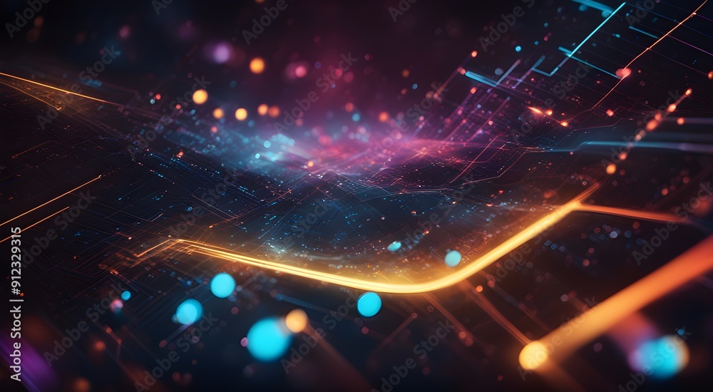 Obraz premium A colorful, abstract image of a cityscape with bright lights and glowing dots