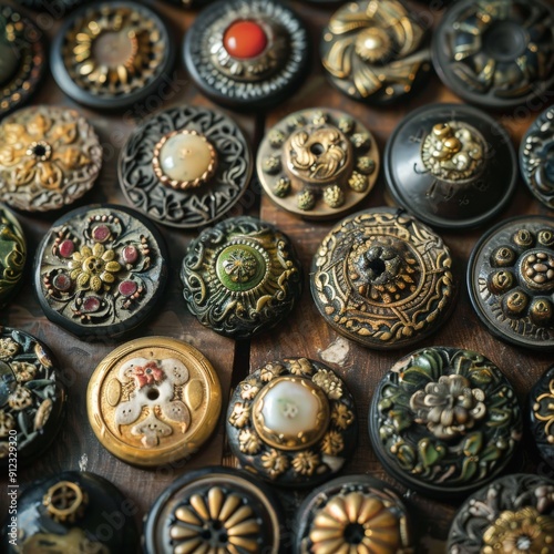 A variety of antique buttons display detailed craftsmanship, featuring ornate designs and diverse materials, highlighting a rich collection