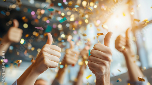 Celebration of Success, Enthusiastic hands giving thumbs up, surrounded by colorful confetti, capturing an atmosphere of joy and achievement during a festive event.