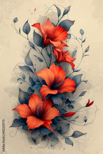 Red and Blue Flowers on White Background