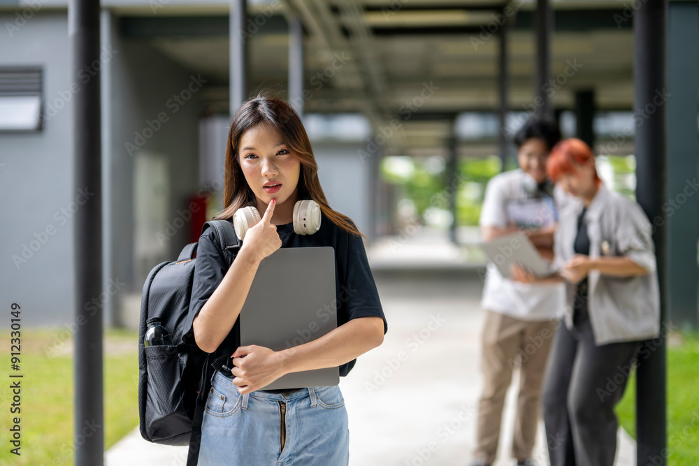 A girl with a backpack and a laptop is standing in a hallway A girl with a backpack and a laptop is standing in a hallway
