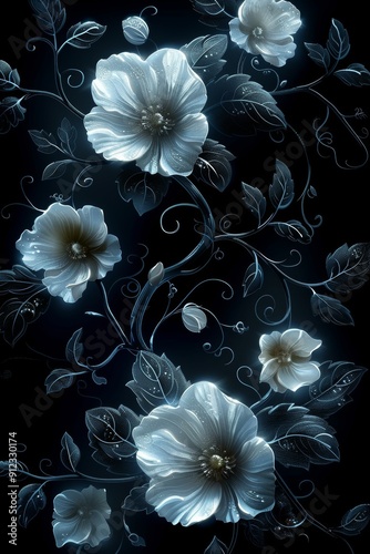 White Flowers on Black Background