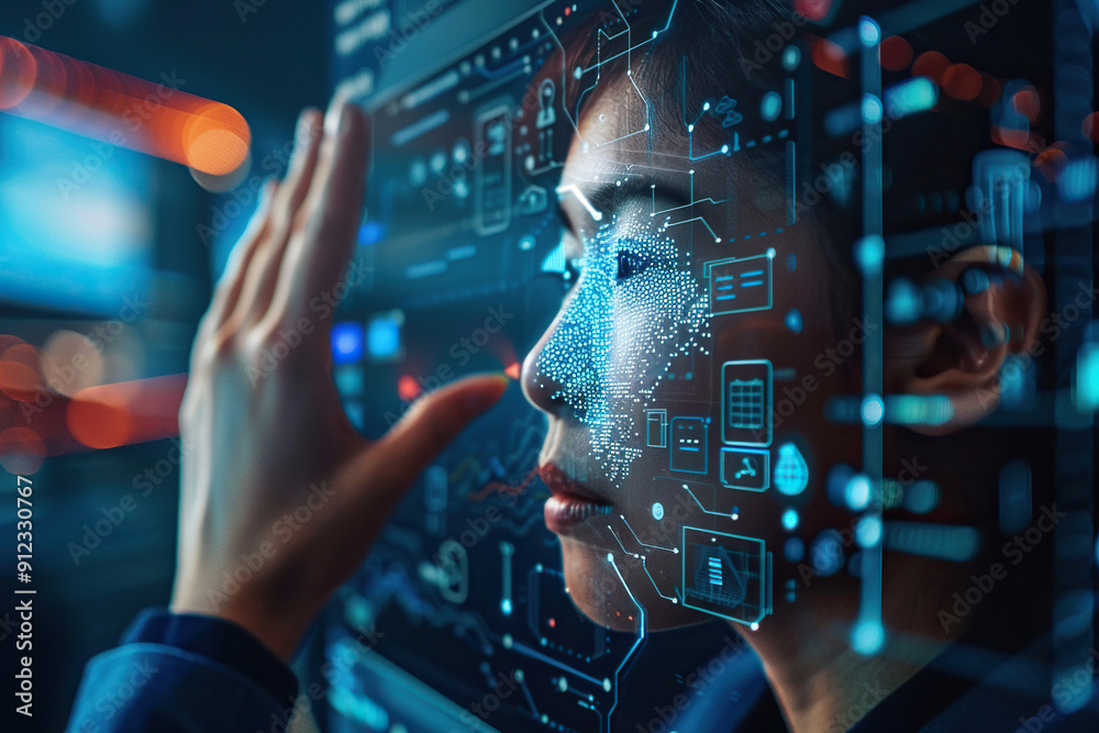 HR professional selects an employee on a virtual screen HR professional selects an employee on a virtual screen