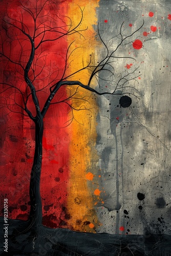 Tree Painting Against Red, Yellow, and Black Background