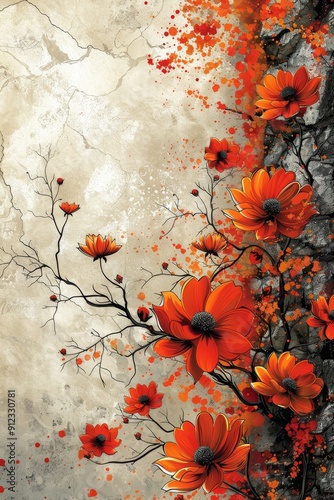 Orange Flowers Painting on White Background