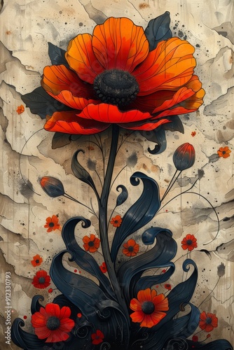 Orange Flower Painting on White Background