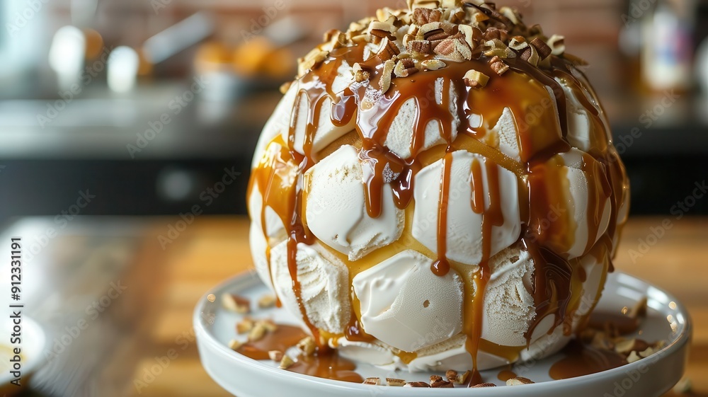 Detailed soccer ball ice cream cake with caramel drizzle and nuts ...