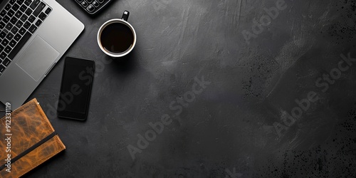 Laptop, Smartphone, Notebook, and Coffee Cup on Black Desk