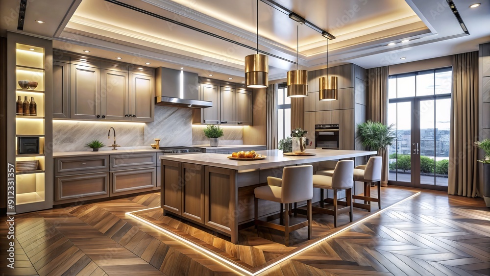 Luxurious modern kitchen features sleek parquet flooring, ceiling-mounted LED and spot lamps, and elegant decor, exuding sophistication and refinement in a high-end Istanbul home. Luxurious modern kitchen features sleek parquet flooring, ceiling-mounted LED and spot lamps, and elegant decor, exuding sophistication and refinement in a high-end Istanbul home.