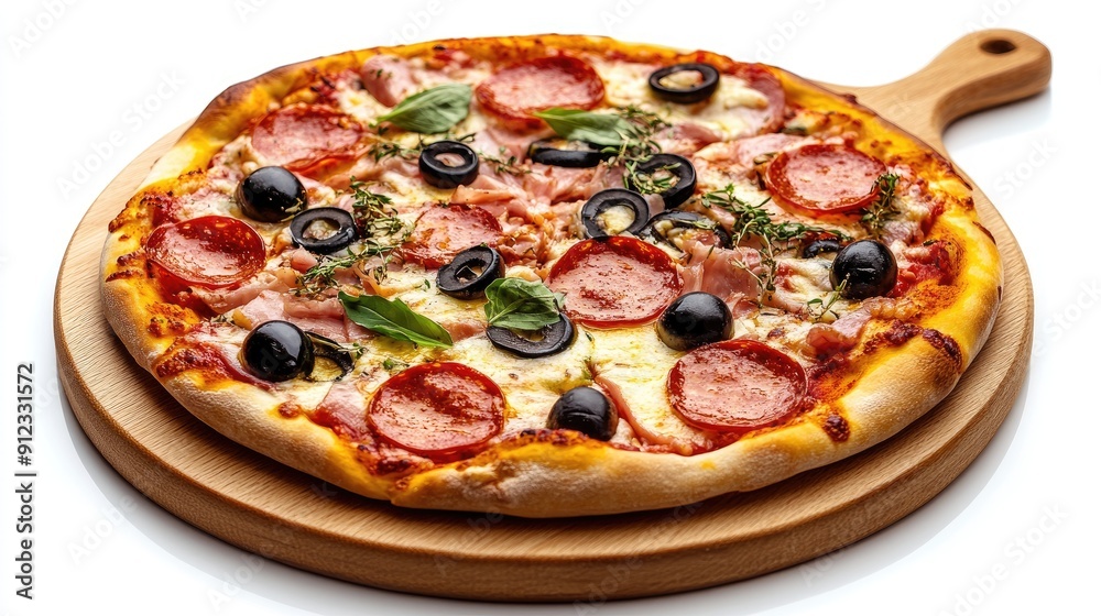 A pizza with pepperoni, olives, and basil on a wooden board. The pizza is topped with cheese and has a golden crust A pizza with pepperoni, olives, and basil on a wooden board. The pizza is topped with cheese and has a golden crust