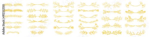 Hand drawn floral frames with branches and leaves. Trendy botanical elements in line art style in gold color. Vector for label, corporate identity, wedding invitation or card.