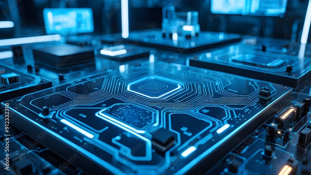 A computer chip is shown in a blue and white color scheme A computer chip is shown in a blue and white color scheme