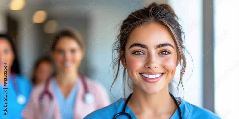 Female physician and nurses in scrubs in a hospital Female physician and nurses in scrubs in a hospital