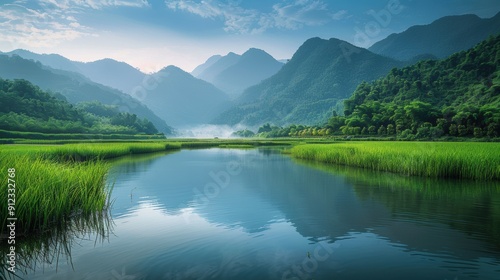 Tranquil River Winding Through Lush Green Valley Surrounded by Mountains