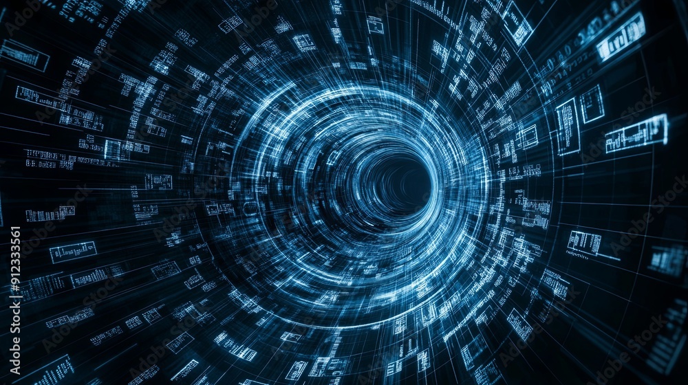 Obraz premium A digital wormhole connecting two different data realms, with currency symbols passing through, copy space in the center