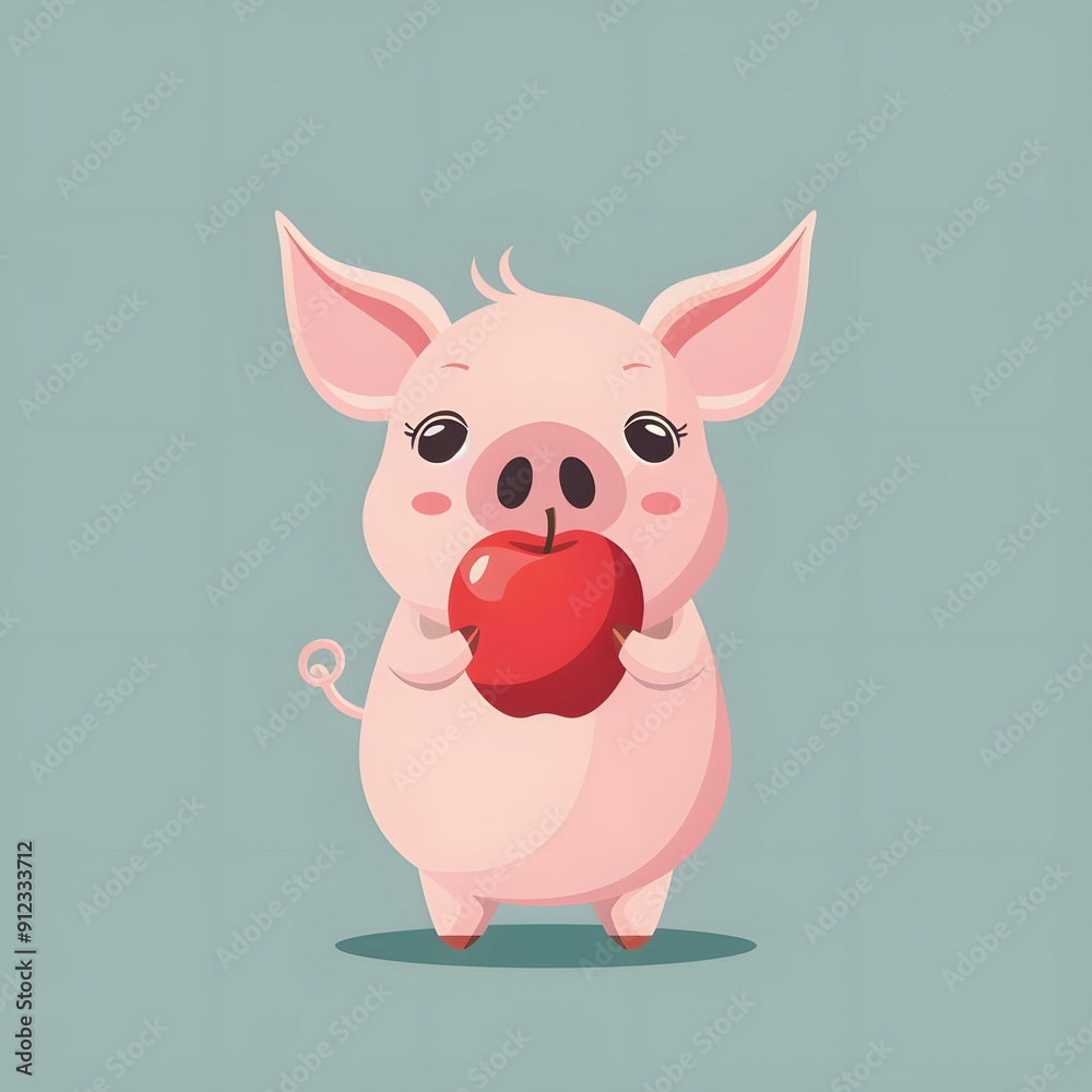 Cute Piglet Holding a Red Apple Cute Piglet Holding a Red Apple
