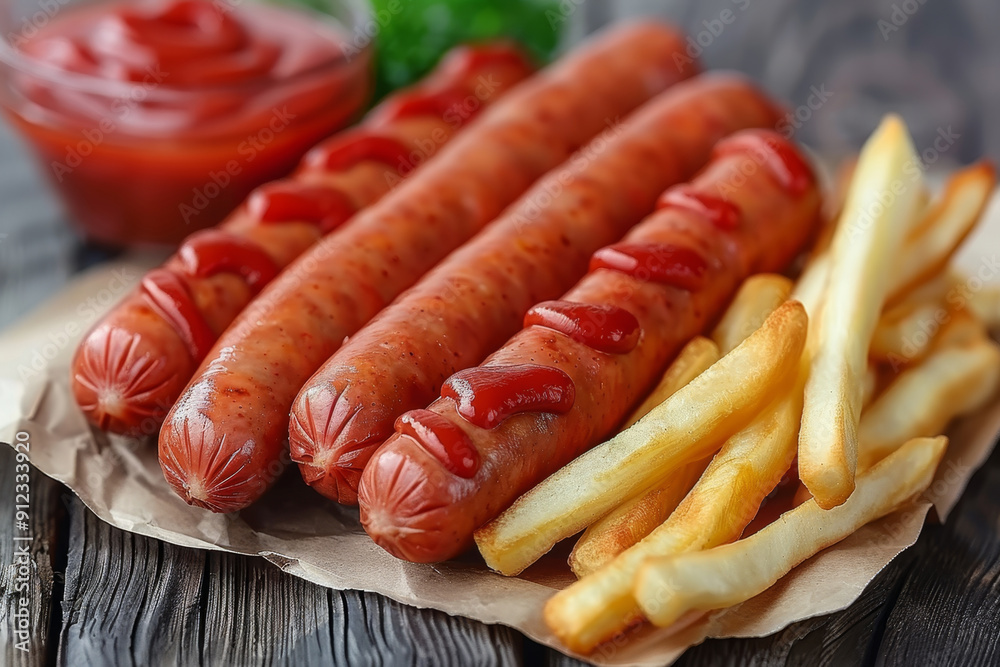 Sausages served with tomato sauce and potato chips. Sausages served with tomato sauce and potato chips.