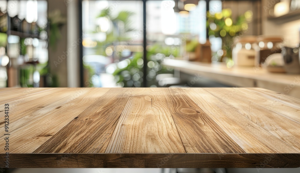 Wooden Tabletop With Blurred Cafe Interior Background Wooden Tabletop With Blurred Cafe Interior Background