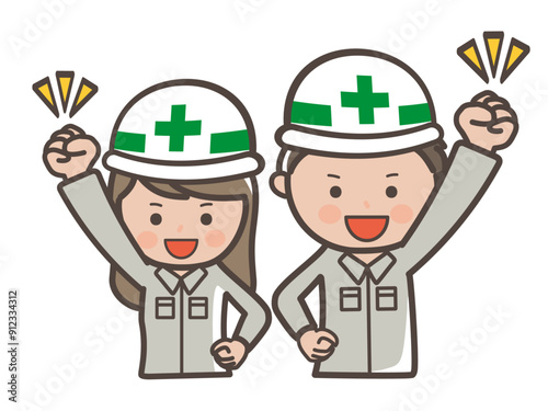 今日も1日頑張るぞ！と気合いを入れるポーズの男女建設作業員のイラスト