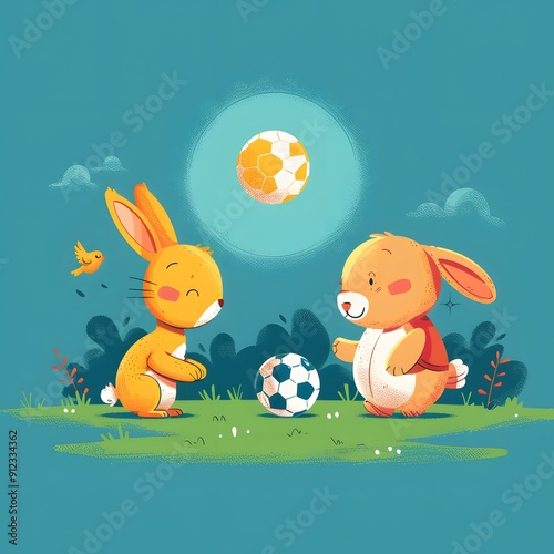 Two Bunnies Playing Soccer In A Cartoon World