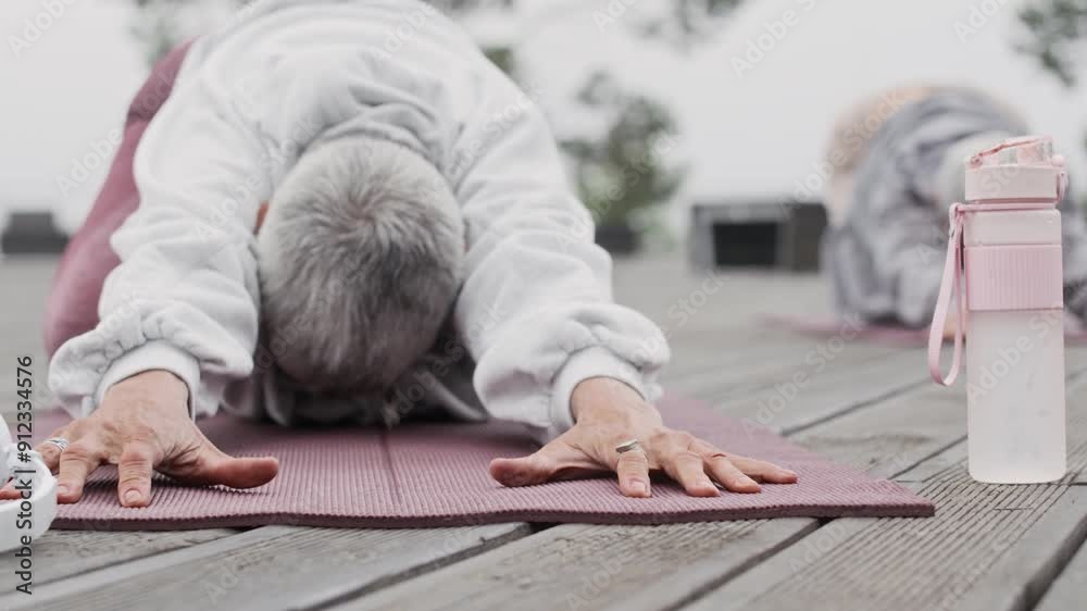 Slowmo of small multiethnic group of adult women doing plank exercise during outdoor full body workout on mats in morning Slowmo of small multiethnic group of adult women doing plank exercise during outdoor full body workout on mats in morning