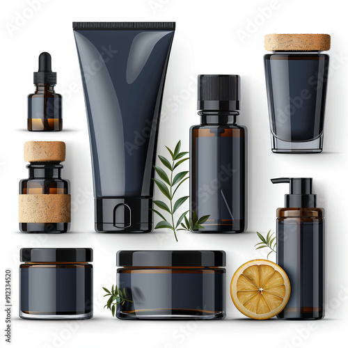 A set of mens skincare products, grooming essentials, realistic photography, premium packaging, isolated on white background