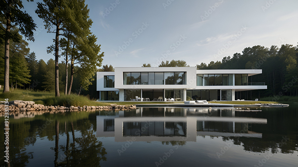 Fototapeta premium Ultimate Retreat: Stylish Home by the Lake with Mini Pool and Modern Comfort