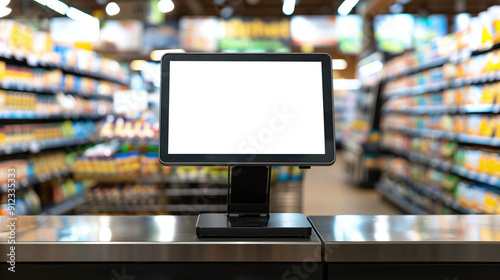 Supermarket checkout with white screen mockup on supermarket background photo