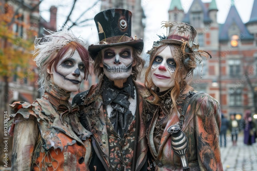 Skeleton family during Halloween celebration. Skeleton family during Halloween celebration.