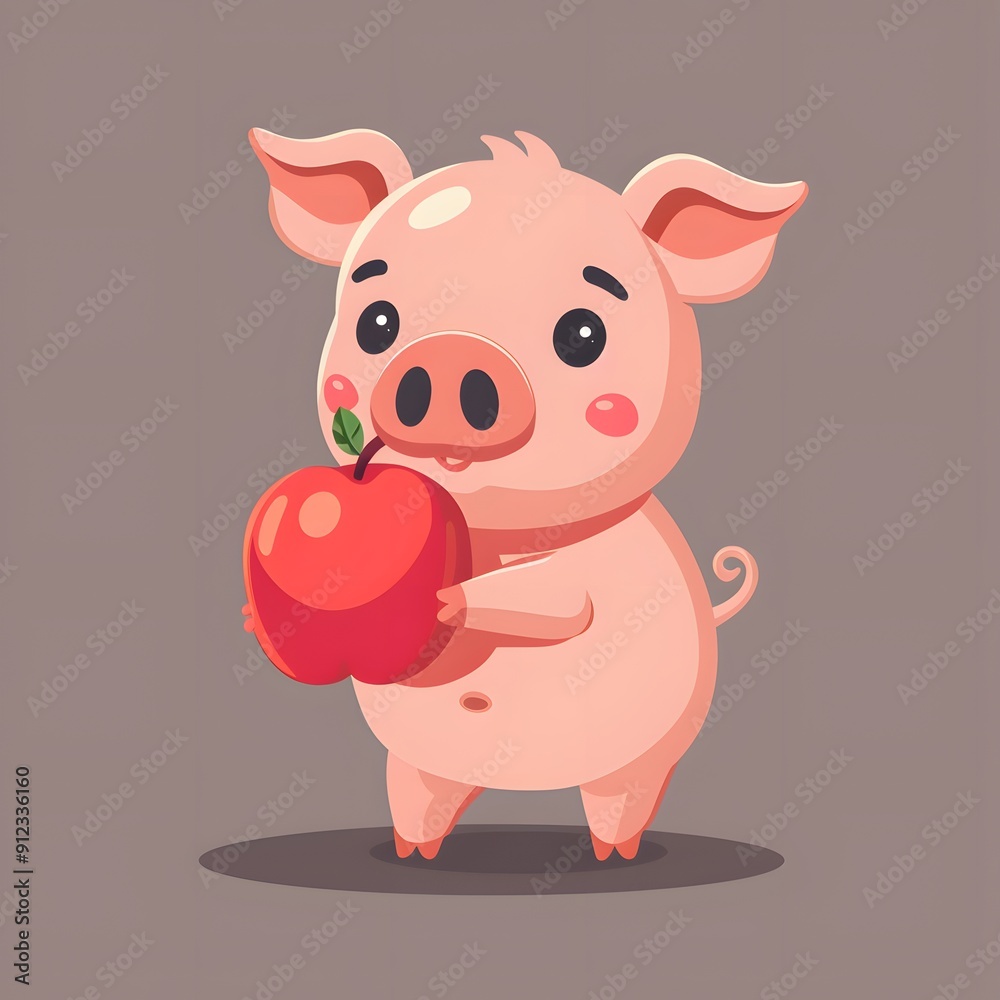 Cute Pig Holding a Red Apple Cute Pig Holding a Red Apple