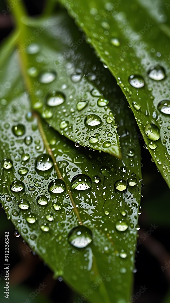 Closeup of raindrops fresh green leaves after a spr Closeup of raindrops fresh green leaves after a spr