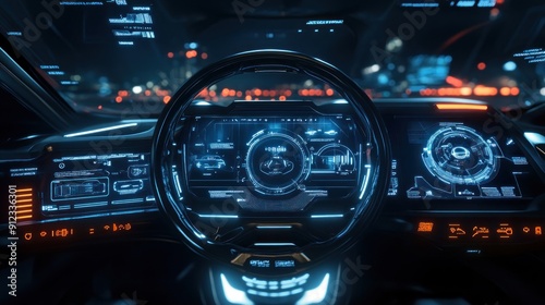 A futuristic car dashboard interface with holographic displays and advanced navigation system