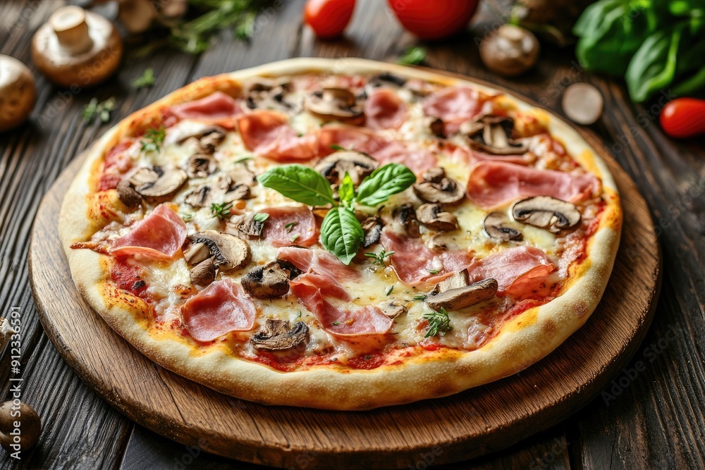 A pizza with mushrooms and ham on it sits on a wooden board. The pizza is topped with basil and cheese A pizza with mushrooms and ham on it sits on a wooden board. The pizza is topped with basil and cheese