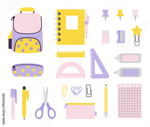 School supplies cute cartoon flat set. Back to school pink collection. Office and art supplies isolated on white background.