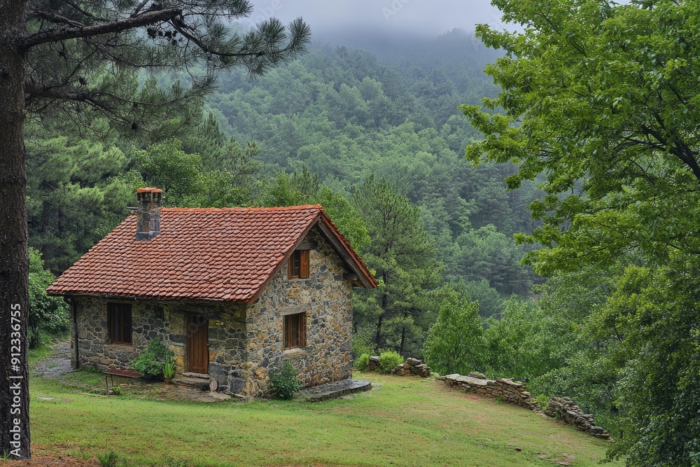Obraz premium A small stone house sits on a hillside in a lush green forest. The house is surrounded by trees and has a stone chimney. The scene is peaceful and serene