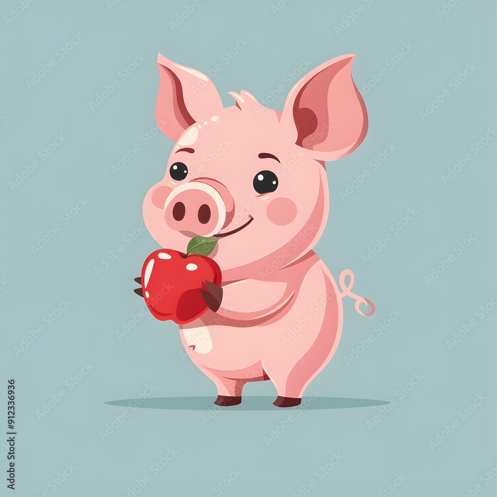 Cute Cartoon Pig Holding a Red Apple Cute Cartoon Pig Holding a Red Apple