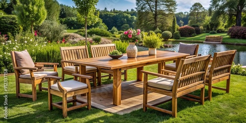 Rustic outdoor furniture crafted from durable, weather-resistant woods such as teak, cedar, pine, or eucalyptus, perfect for gardens, patios, or backyard gatherings. photo